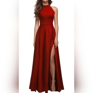 Mushare | Red Halter Neck Slit Gown
